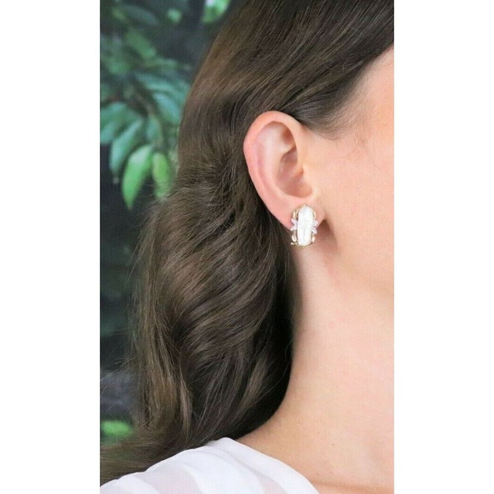 14k Yellow Gold Keshi Pearl and Diamond Earrings Lever Back Earrings - Picture 3 of 11
